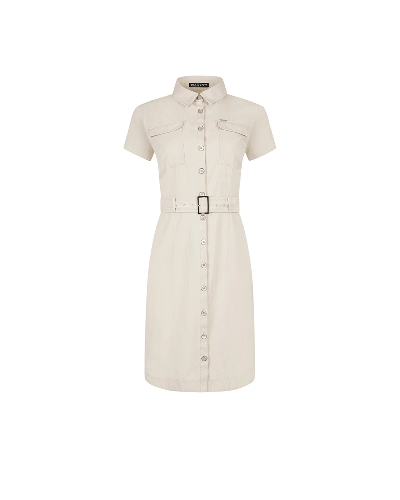 Памучна риза рокля с къс ръкав, в цвят натурален памук | Рокли