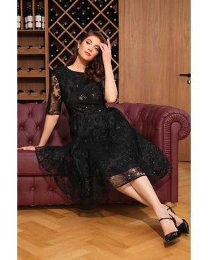 Formal black chiffon dress with sequin floral appliqué | NEW - 3