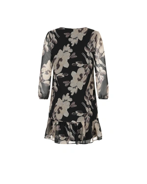 Шифонена рокля на черен фон с цветя и дълги ръкави | Рокли - 1