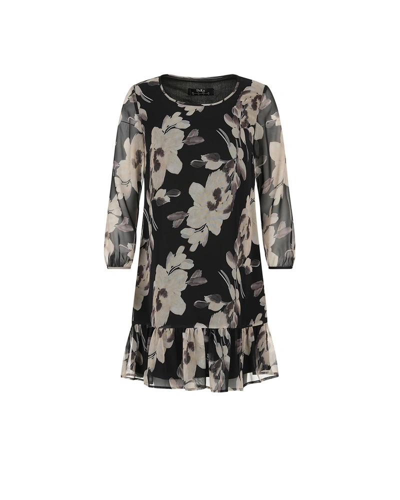 Rochie din sifon pe fond negru cu flori si maneci lungi | COLECTIE DE VARĂ