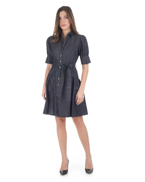 Пролетна рокля риза в синьо от памук и лен с буфан ръкав и подчертана талия | Колекция 100% Памук и Лен - 1