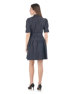 Пролетна рокля риза в синьо от памук и лен с буфан ръкав и подчертана талия | Колекция 100% Памук и Лен - 2