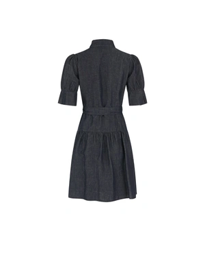 Пролетна рокля риза в синьо от памук и лен с буфан ръкав и подчертана талия | Колекция 100% Памук и Лен - 3