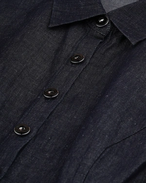 Пролетна рокля риза в синьо от памук и лен с буфан ръкав и подчертана талия | Колекция 100% Памук и Лен - 4