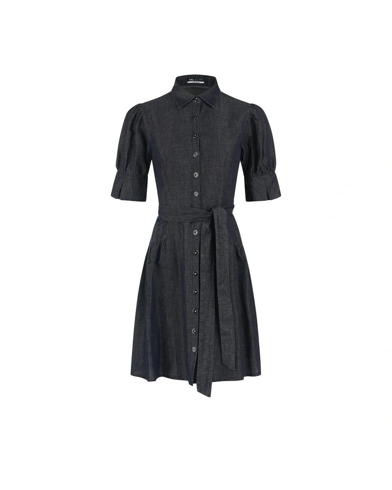 Spring blue shirt dress made of cotton and linen with puff sleeves and a defined waist | Pure cotton and linen collection