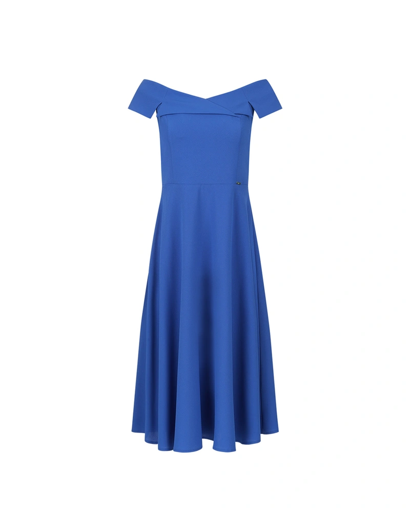 Dark blue stylish dress with bare shoulders and an A-line silhouette | Dresses
