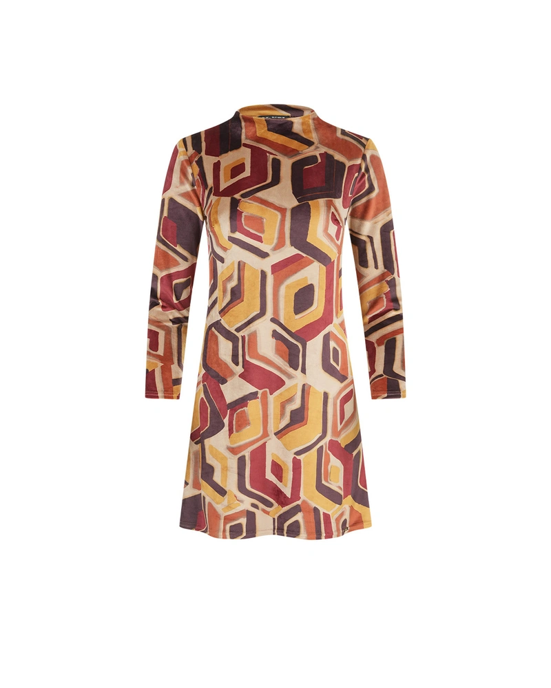 ელეგანტური კაბა გეომეტრიული პრინტით მიწისებრ ტონებში | ახალი