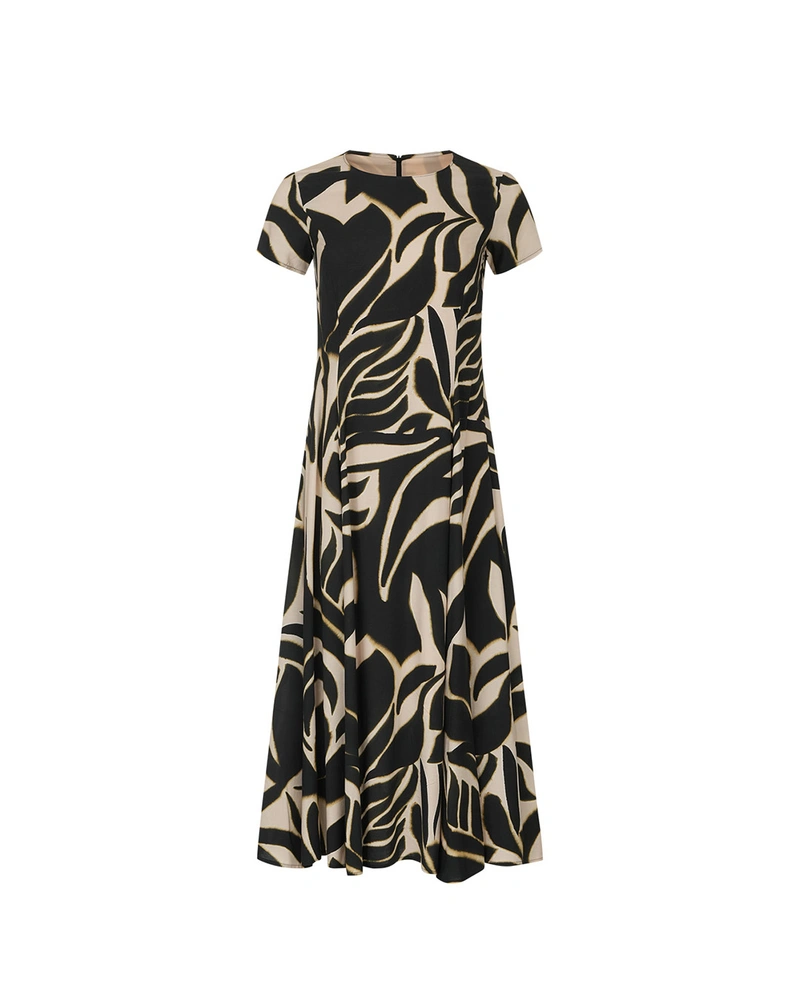 Long viscose dress with beige and black print | NEW