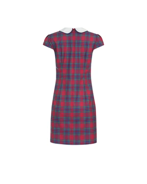 წითელი და ლურჯი ჭადრაკული ნიმუშის კაბა თეთრი საყელოთი | კაბები - 1