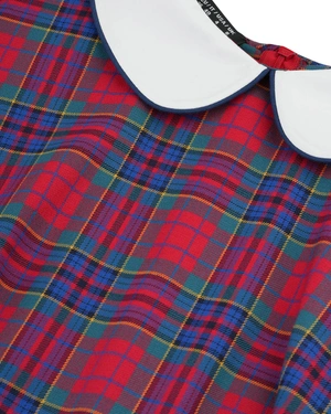 წითელი და ლურჯი ჭადრაკული ნიმუშის კაბა თეთრი საყელოთი | კაბები - 2