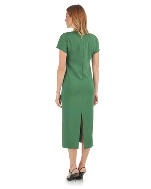 Зелена класическа рокля с паднал къс ръкав и дължина под коляното | Рокли - 5