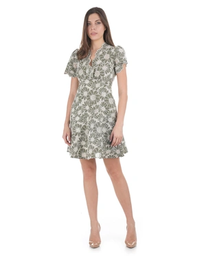 Pamučna haljina sa V-izrezom i kontrastnim cvetnim vezom u zelenoj boji | Haljine - 1