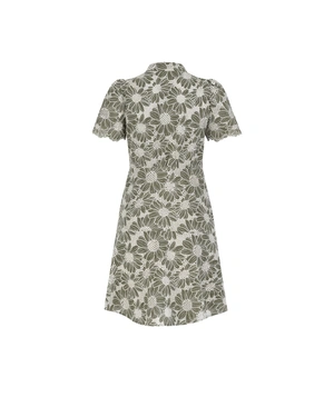 Pamučna haljina sa V-izrezom i kontrastnim cvetnim vezom u zelenoj boji | Haljine - 3