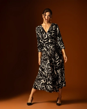Long wrap dress with black and beige print | Dresses - 3