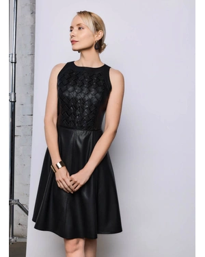 Black faux leather dress with interlaced straps | Dresses - 4