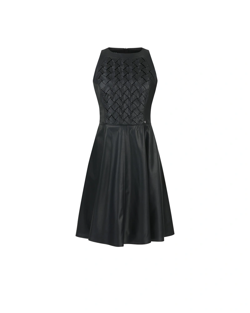 Rochie neagră din piele ecologică cu bretele împletite | NOUTATI