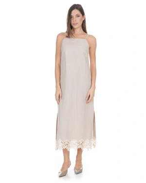 Long beige linen dress with lace trim hem | NEW - 1