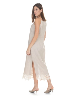 Long beige linen dress with lace trim hem | NEW - 3