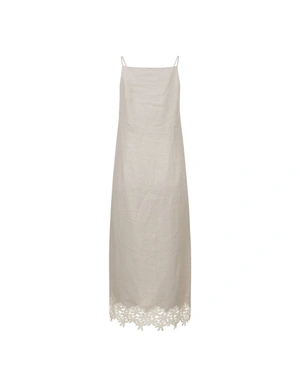 Long beige linen dress with lace trim hem | NEW - 4