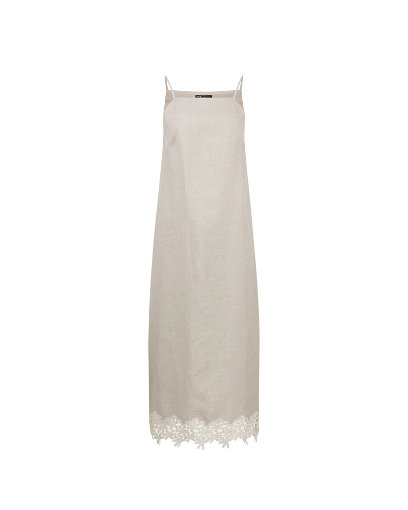 Long beige linen dress with lace trim hem | NEW