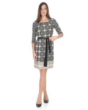 Пролетна рокля от вискоза в черно с бежов принт | Рокли - 1