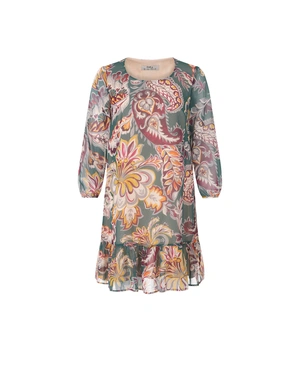 შემოდგომის მუსლინის კაბა პეისლის პრინტით ნათელ, კონტრასტულ ტონებში და რუშებით ბოლოში | კაბები