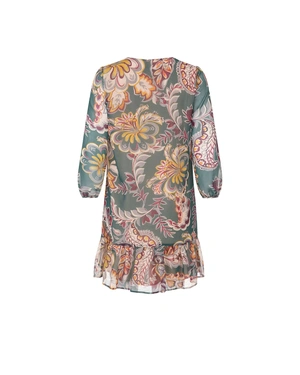 შემოდგომის მუსლინის კაბა პეისლის პრინტით ნათელ, კონტრასტულ ტონებში და რუშებით ბოლოში | კაბები - 1