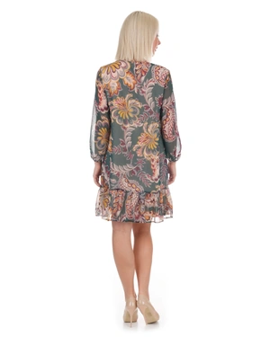 შემოდგომის მუსლინის კაბა პეისლის პრინტით ნათელ, კონტრასტულ ტონებში და რუშებით ბოლოში | კაბები - 5