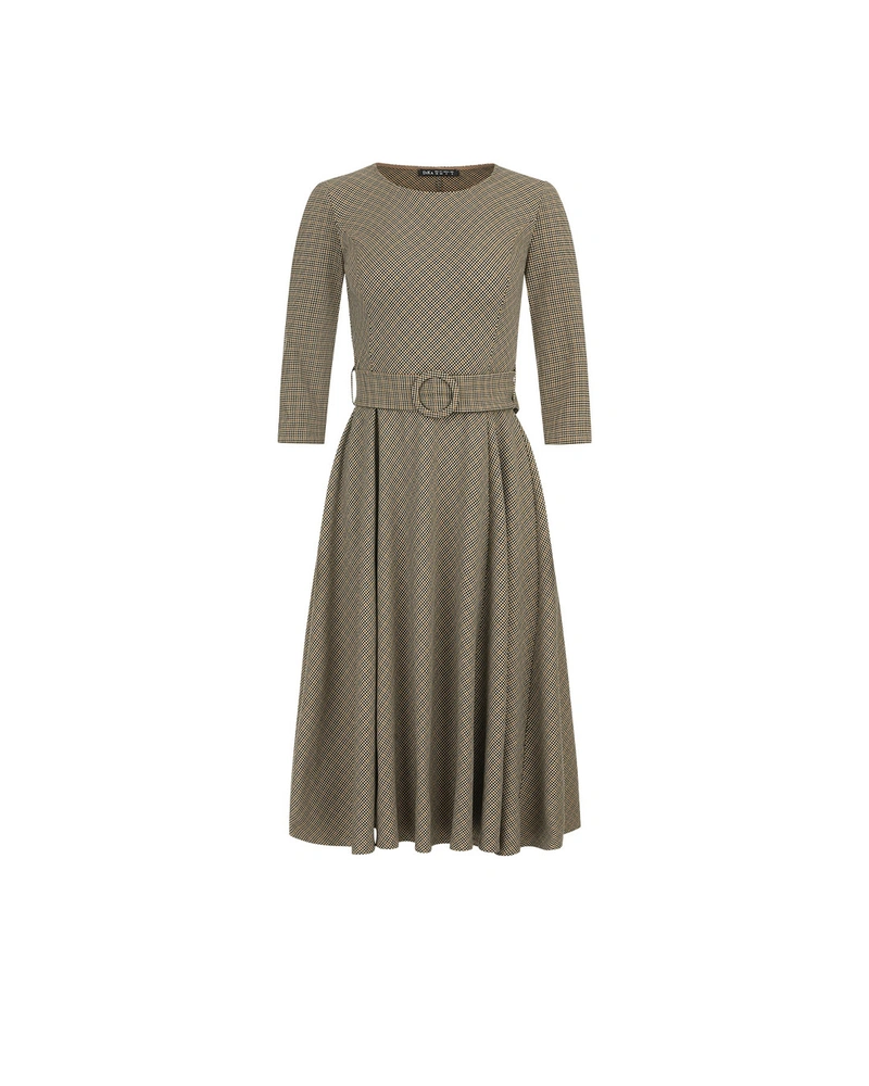 Feminine dress in fine beige check with defined waist | Business