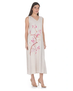 Summer dress in beige with a positioned stylized print | Dresses - 1