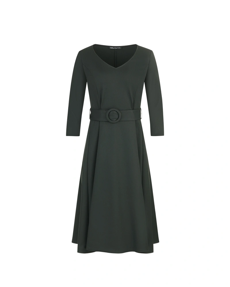 სამხედრო მწვანე ელეგანტური კაბა V-ყელითა და გაშლილი ქვედაბოლოთი | ახალი