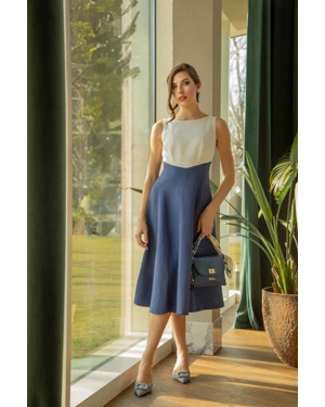 White and dark blue dress made of rayon, linen and cotton | Casual - 6