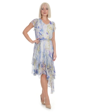 Pale blue spring dress made of rayon, with a floral print and asymmetric cut | Party collection - 1