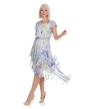 Pale blue spring dress made of rayon, with a floral print and asymmetric cut | Party collection - 2