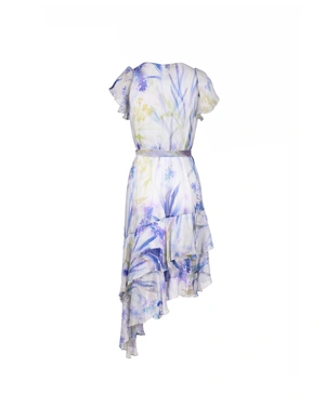 Pale blue spring dress made of rayon, with a floral print and asymmetric cut | Party collection - 4