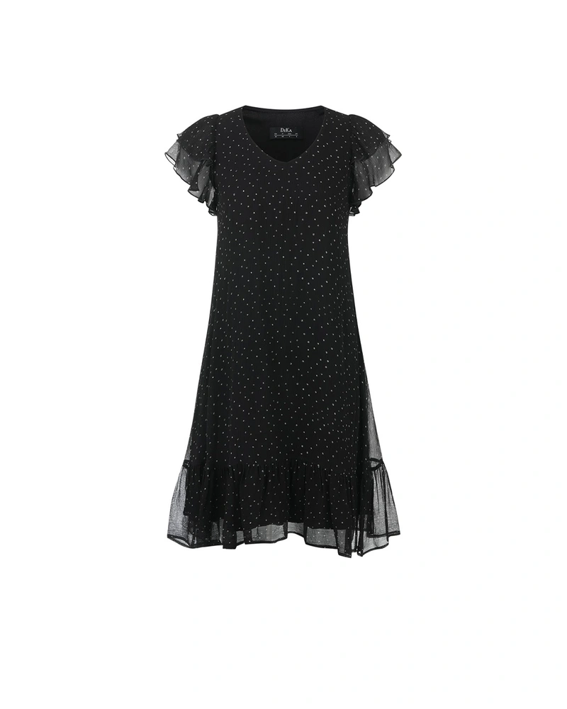 Mousseline dress in rayon with fine white dots on black background | Party Collection