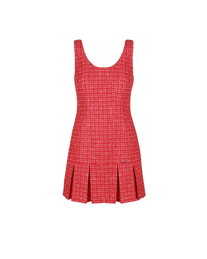 Red sleeveless tweed dress with crew neck | Dresses