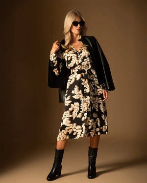 Elegant shirt dress with stylized floral motifs in contrasting colors | NEW - 3
