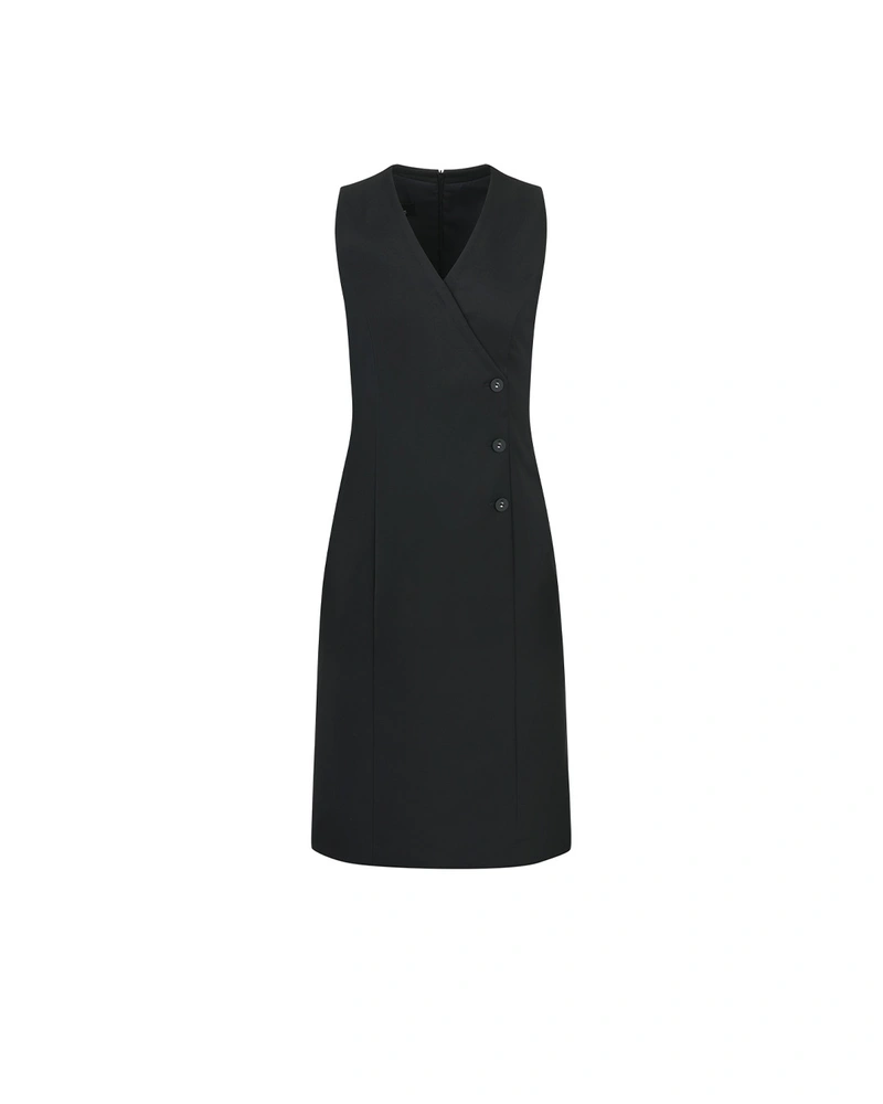 Черна бизнес рокля с V-деколте и асиметрични копчета | НОВО