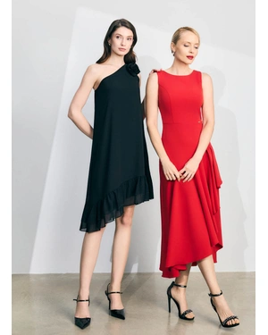 წითელი უმკლავო კაბა ასიმეტრიული, დახრილი ქვედა ნაწილით | კოლექცია წვეულებისთვის - 1