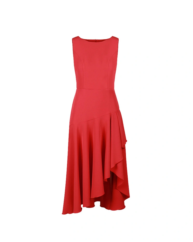 Red sleeveless dress with asymmetric bias-cut bottom | Party collection | Dikastore.ro Red sleeveless dress with asymmetric bias-cut bottom | Party collection