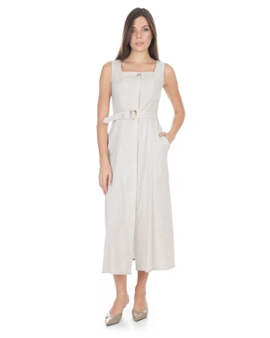 Long linen and viscose dress with a belt and hidden buttons in ecru color | NEW - 1