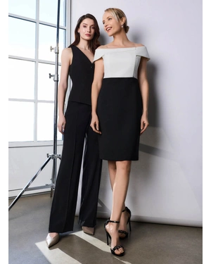 Elegant dress with dropped shoulder in white and black | Party collection - 1