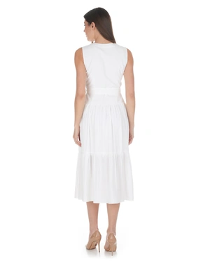 Elegant white viscose dress with belt and V-neckline | Casual - 2