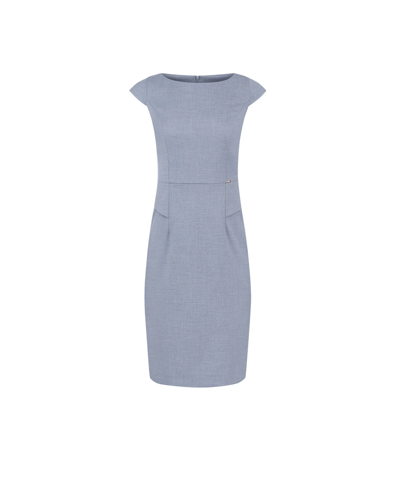 Elegant business dress, midi length, in grey-blue | Business