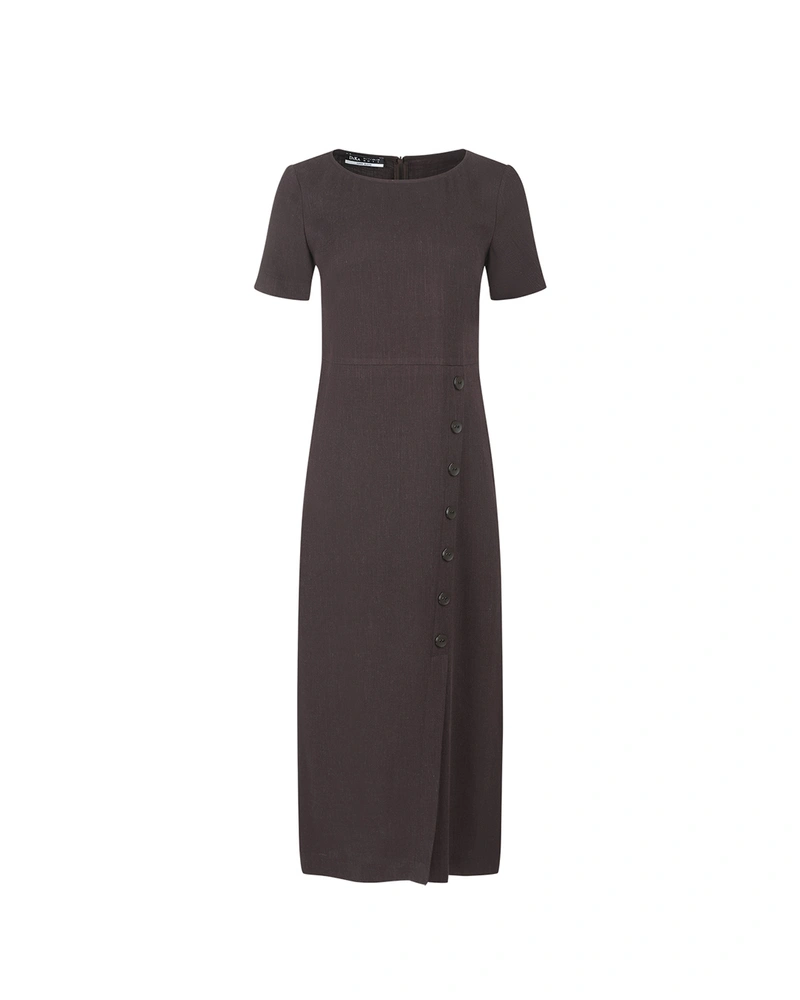 Fitted dark brown dress with a slit | NEW