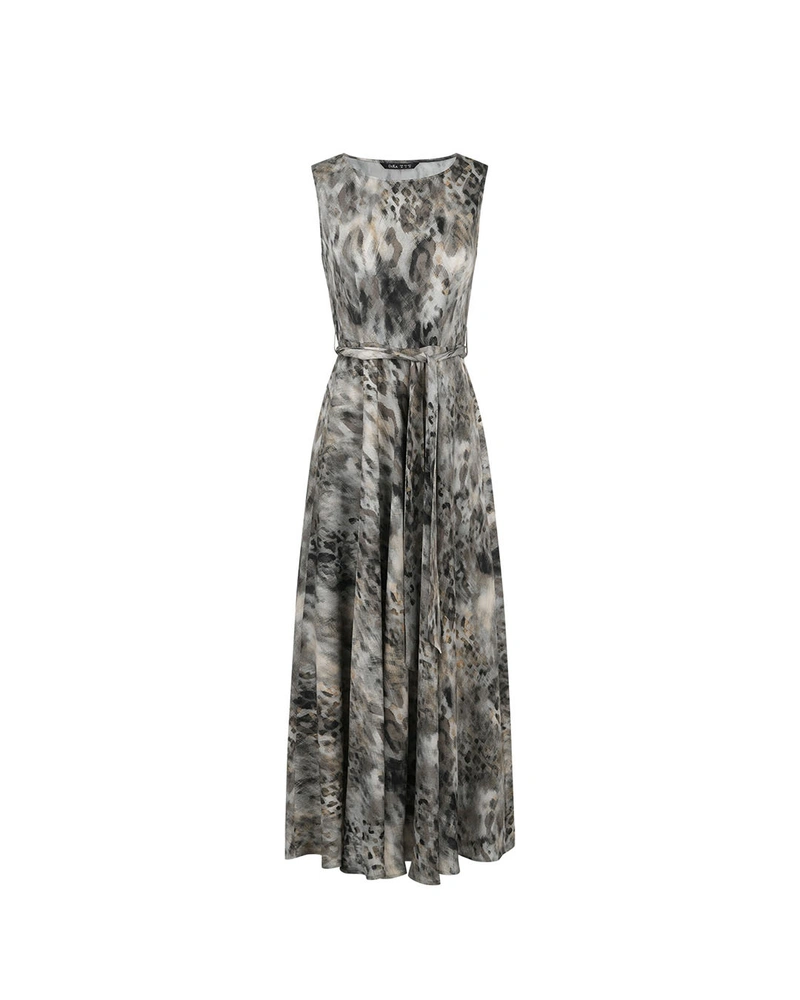 Дълга вискозна рокля с абстрактен принт в приглушени сиви тонове | Рокли