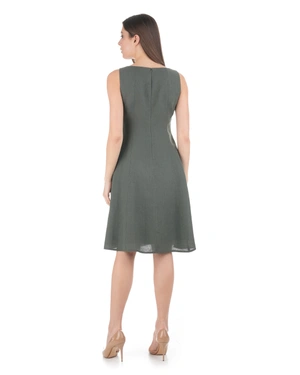 100% linen summer dress with a belt and viscose lining in deep olive green | NEW | Dika.bg - 2 100% linen summer dress with a belt and viscose lining in deep olive green | NEW - 2