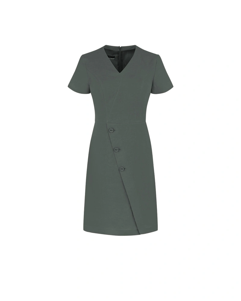 Ленена рокля тип "сафари" в петролно зелено с асиметрични копчета | НОВО