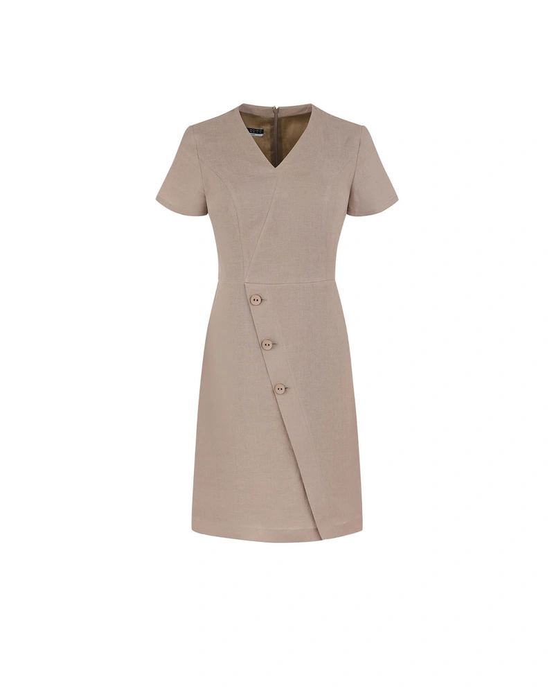 Beige safari-style linen dress with asymmetrical buttons | Dresses